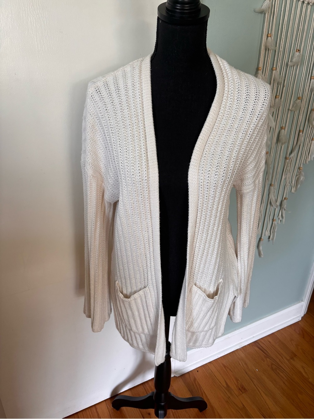 American Eagle Women’s Open-Front Cream Knit Cardigan Sweater